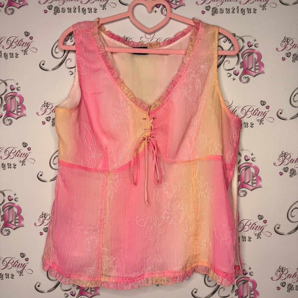 Tribal tank top shimmer metallic ombre, pink, gold, orange, lace up front detail